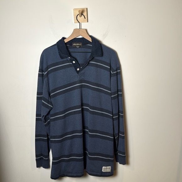 Eddie Bauer Other - Eddie Bauer Men’s Long Sleeve Polo Shirt Blue Gray Striped Knit 100% Cotton XLT